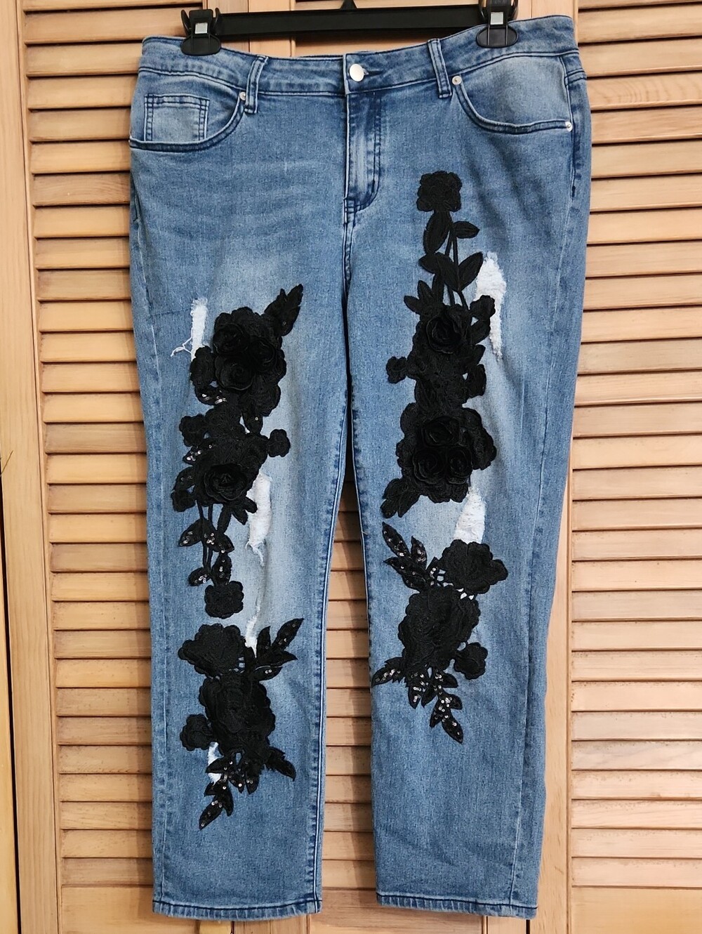 A.Z.I. Women’s Blue Denim Jeans with Black Floral Appliqué